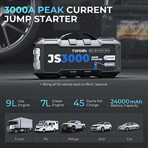 JS3000 12V 3000A Battery Booster Jump Starter Pack for Up to 9L Gas/ 7L Diesel Engines  Portable Car Battery Charger with Handle Jumper Cable and EVA Protection Case