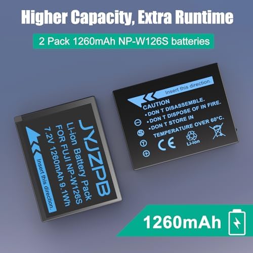 JYJZPB 2Pack NP W126S Batteries Compatible with Fujifilm XM5  X100VI XT30ii XT3 XT2 XT1 A10 XA7 A5 A3 A2 A1 XT20 XT10 XT30 XT100 XT200 Fuji Cameras with NP W126 Battery Charger