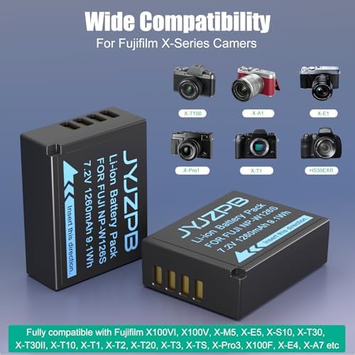 JYJZPB 2Pack NP W126S Batteries Compatible with Fujifilm XM5  X100VI XT30ii XT3 XT2 XT1 A10 XA7 A5 A3 A2 A1 XT20 XT10 XT30 XT100 XT200 Fuji Cameras with NP W126 Battery Charger