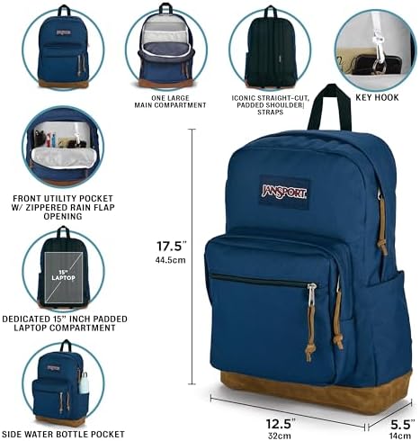 JanSport Right Pack Backpack   Durable Daypack with Padded 15 Laptop Sleeve  Spacious Main Compartment & Integrated Water Bottle Pocket   Russet Red