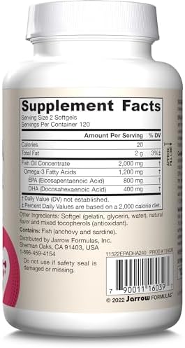 Jarrow Formulas EPA DHA Balance  1 200 mg Omega 3 Fatty Acids for Cardiovascular Support  240 Softgels  120 Day Supply