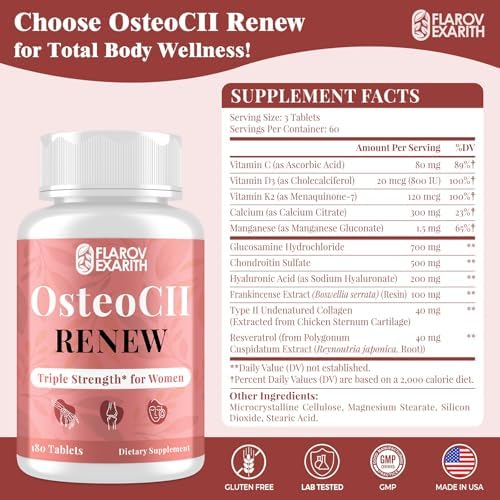Joint Supplements for Women OsteoCII Renew Triple Strength   Advanced Joint  Bone & Skin Formula   Collagen  Glucosamine  Chondroitin  Calcium  MK 7  Vitamin D3  Hyaluronic Acid  180 Tablets