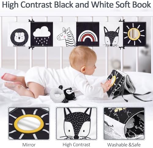 Joyreal High Contrast Baby Toys for Newborn  Black and White Baby Sensory Toys with Car Seat Toys Infant Toys with Black White Cards Book  Montessori Toys for Baby Gifts