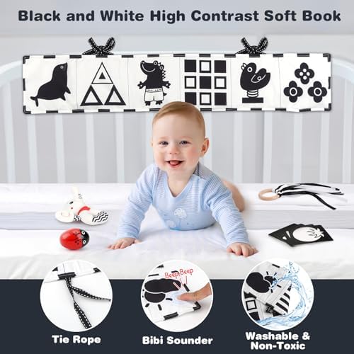 Joyreal High Contrast Baby Toys for Newborn  Black and White Baby Sensory Toys with Car Seat Toys Infant Toys with Black White Cards Book  Montessori Toys for Baby Gifts