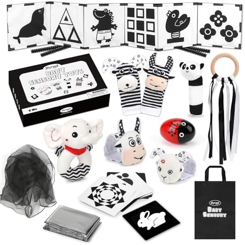 Joyreal High Contrast Baby Toys for Newborn  Black and White Baby Sensory Toys with Car Seat Toys Infant Toys with Black White Cards Book  Montessori Toys for Baby Gifts