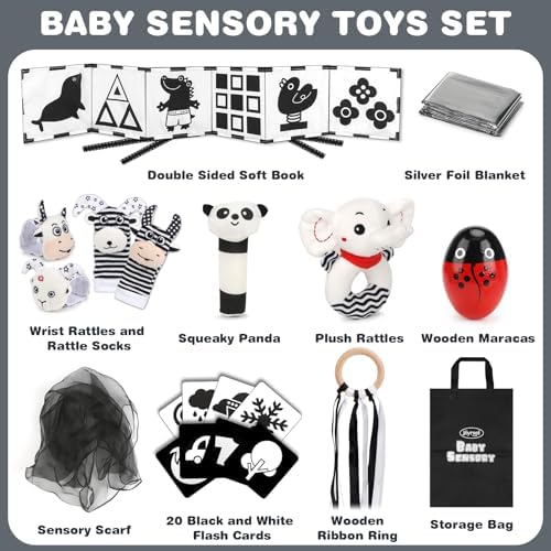 Joyreal High Contrast Baby Toys for Newborn  Black and White Baby Sensory Toys with Car Seat Toys Infant Toys with Black White Cards Book  Montessori Toys for Baby Gifts