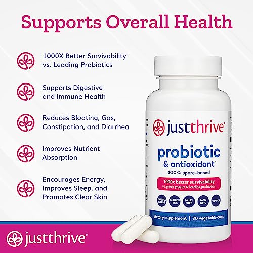Just Thrive Probiotic & Antioxidant Supplement   100  Spore Based Digestive and Immune Support   Gluten Free  30 Caps