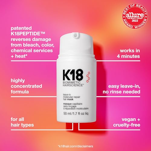 K18 Leave In Molecular Repair Hair Mask  Patented  Lasting Repair For Dry  Frizzy  Damaged Hair  Reverse Damage In 4 Minutes From Bleach  Color  Chemical Services   Heat