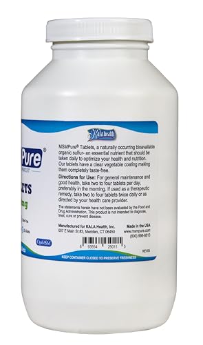 Kala Health MSMPure Tablets, 360 unidades, 1000 mg por tableta, suplemento de azufre orgánico puro MSM, fabricado en Estados Unidos