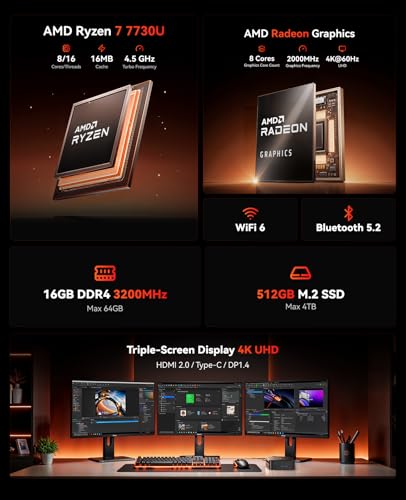 KAMRUI E3B Mini Gaming PC  Mini PC AMD Ryzen 7 7730U  Beat Ryzen 7 5825U  Max 4 5GHz 8C/16T  Micro Desktop Computers 16GB RAM 512GB SSD  WiFi 6  BT5 2  Triple Display 4K 60Hz for Office Home
