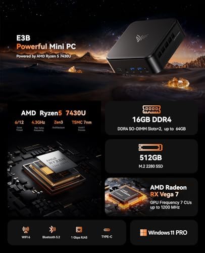 KAMRUI E3B Mini PC with AMD Ryzen 5 7430U  Beat 5500U  up to 4 3GHz   16GB DDR4 512GB M 2 SSD Mini Computer  Mini Gaming PC with USB Type C Supports Triple 4K Display  WiFi 6  BT 5 2