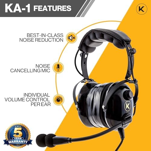 KA 1 General Aviation Headset for Pilots   Mono and Stereo Compatibility  Passive Noise Reduction  Noise Canceling Microphone  Gel Ear Seals  Adjustable Headband & Headset Bag