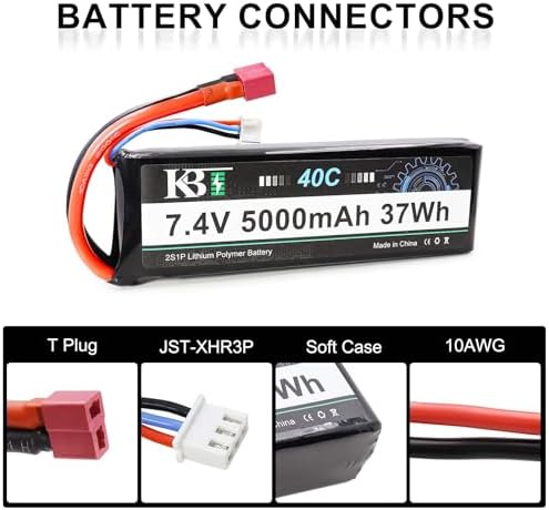 KBT 2S 7 4V LiPo High Discharge Rate Battery 40C Burst 80C  5000mAh Rechargeable Soft Pack Lithium Polymer Battery with T Plug for RC Car Boat Trucks 1/8 1/10 Racing Buggy