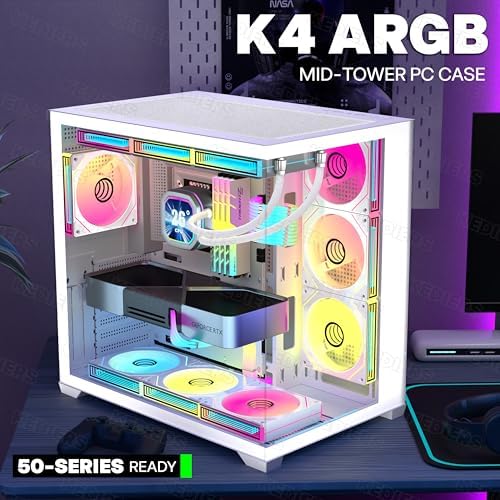 KEDIERS PC CASE 7 ARGB Fans Pre Installed  Mid Tower ATX PC Case with Panoramic Tempered Glass  Gaming Computer Case 360MM RAD Support White K4