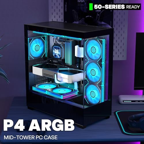 KEDIERS PC CASE ATX 7 PWM ARGB Fans Pre Installed  Type C Mid Tower Computer Case with Full View Dual Tempered Glass  Gaming PC Case Black P4