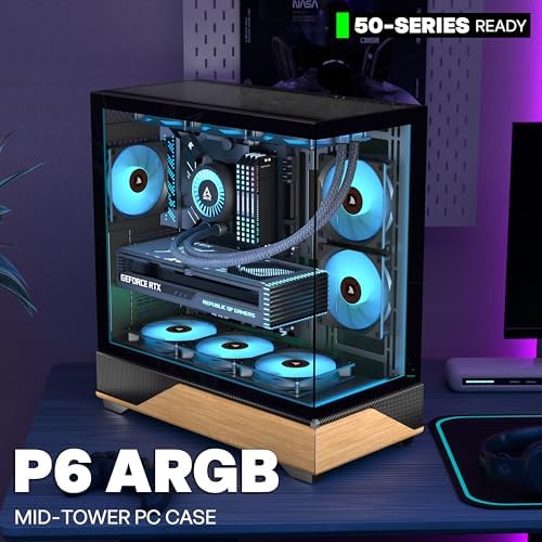 KEDIERS PC CASE ATX 5 PWM ARGB Fans Pre Installed  Type C Mid Tower Computer Case with Full View Dual Tempered Glass  Printed Walnut Wood Panels Support 360mm Radiator Gaming PC Case Black New P6