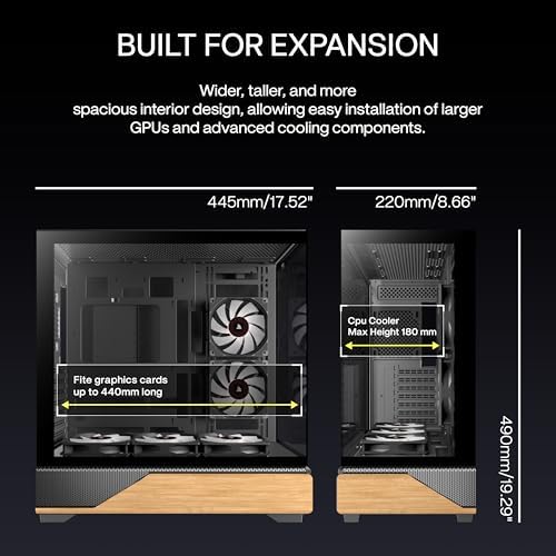 KEDIERS PC CASE ATX 5 PWM ARGB Fans Pre Installed  Type C Mid Tower Computer Case with Full View Dual Tempered Glass  Printed Walnut Wood Panels Support 360mm Radiator Gaming PC Case Black New P6