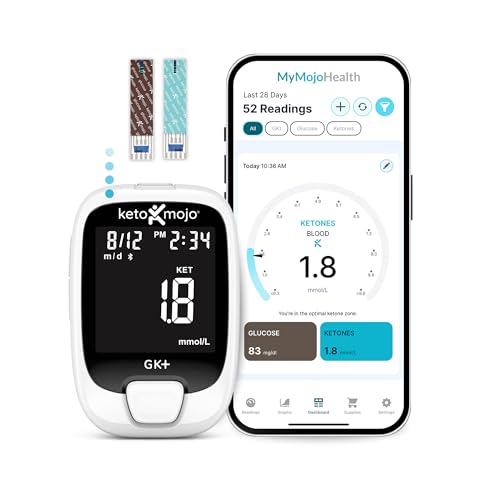 KETO MOJO GK  Bluetooth Glucose & Ketone Testing Kit   Free APP for Ketosis & Diabetes Support  20 Blood Test Strips  10 Each   Meter  20 Lancets  Lancing Device  and Control Solutions