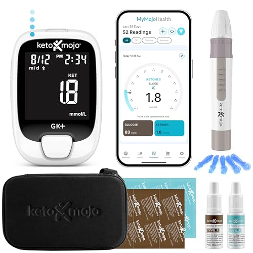 KETO MOJO GK  Bluetooth Glucose & Ketone Testing Kit   Free APP for Ketosis & Diabetes Support  20 Blood Test Strips  10 Each   Meter  20 Lancets  Lancing Device  and Control Solutions