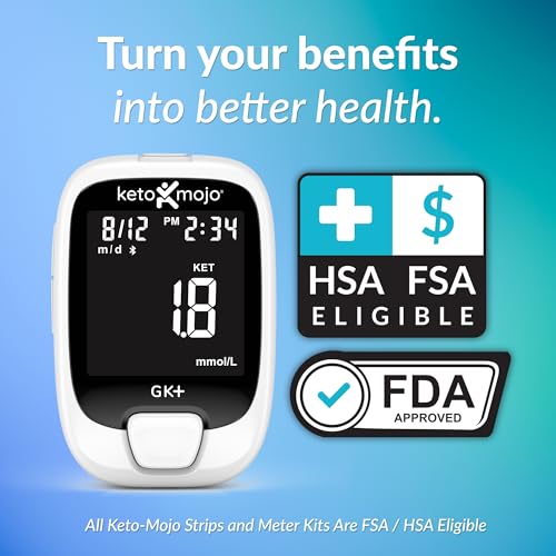 KETO MOJO GK  Bluetooth Glucose & Ketone Testing Kit   Free APP for Ketosis & Diabetes Support  20 Blood Test Strips  10 Each   Meter  20 Lancets  Lancing Device  and Control Solutions