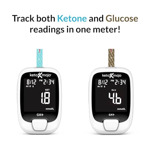 KETO MOJO GK  Bluetooth Glucose & Ketone Testing Kit   Free APP for Ketosis & Diabetes Support  20 Blood Test Strips  10 Each   Meter  20 Lancets  Lancing Device  and Control Solutions
