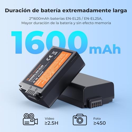 K&F CONCEPT 1600mAh EN EL25 Battery 2 Pack EN EL25A Battery and Dual LCD Battery Charger for Nikon Z50II  Z50  Z30  Z FC Camera MH 32 Battery Charger