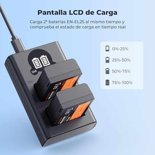 K&F CONCEPT 1600mAh EN EL25 Battery 2 Pack EN EL25A Battery and Dual LCD Battery Charger for Nikon Z50II  Z50  Z30  Z FC Camera MH 32 Battery Charger