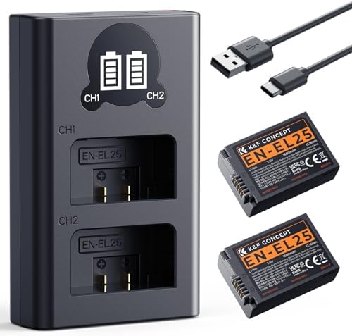 K&F CONCEPT 1600mAh EN EL25 Battery 2 Pack EN EL25A Battery and Dual LCD Battery Charger for Nikon Z50II  Z50  Z30  Z FC Camera MH 32 Battery Charger