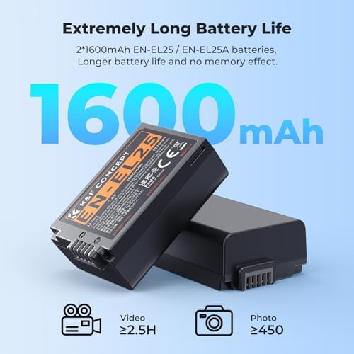 K&F CONCEPT 1600mAh EN EL25 Battery 2 Pack EN EL25A Battery and Dual LCD Battery Charger for Nikon Z50II  Z50  Z30  Z FC Camera MH 32 Battery Charger