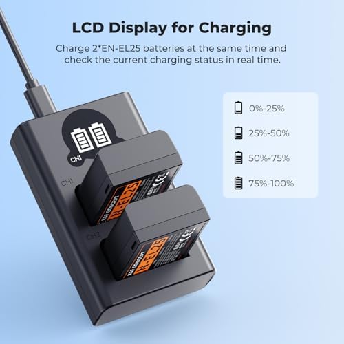 K&F CONCEPT 1600mAh EN EL25 Battery 2 Pack EN EL25A Battery and Dual LCD Battery Charger for Nikon Z50II  Z50  Z30  Z FC Camera MH 32 Battery Charger