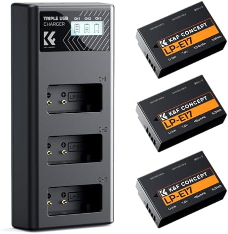 K&F CONCEPT 3 Pack LP E17 Battery and Upgraded 3 Slot LCD Charger Compatible with Canon EOS R50 R100 RP R10 R8  Powershot V1  T8i T7i T6i T6s SL2 SL3 M3 M5 M6 200D 750D 760D 800D 8000D Camera