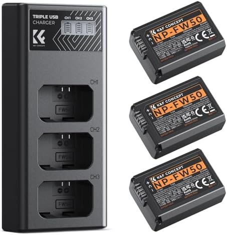 K&F CONCEPT 3 Pack NP FW50 Battery and Upgraded 3 Slot ZV E10 Battery Charger Compatible with Sony Alpha A6400 A6000 A6300 A6500 A5000 A5100 A7 A7II A7R A7RII A7S A7SII RX10 II III IV Cameras