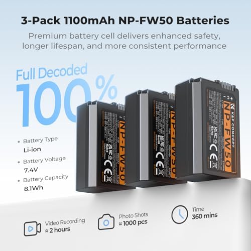 K&F CONCEPT 3 Pack NP FW50 Battery and Upgraded 3 Slot ZV E10 Battery Charger Compatible with Sony Alpha A6400 A6000 A6300 A6500 A5000 A5100 A7 A7II A7R A7RII A7S A7SII RX10 II III IV Cameras