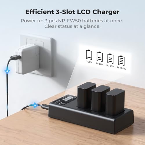 K&F CONCEPT 3 Pack NP FW50 Battery and Upgraded 3 Slot ZV E10 Battery Charger Compatible with Sony Alpha A6400 A6000 A6300 A6500 A5000 A5100 A7 A7II A7R A7RII A7S A7SII RX10 II III IV Cameras