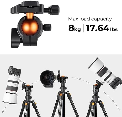 K&F CONCEPT 64 inch/163 cm Camera Tripod Lightweight Travel Outdoor DSLR Tripods with 360 Degree Ball Head Load Capacity 17 6 lbs/8 kg Cellphone Clip for Smartphone Live Streaming Vlog O234A1 BH 36