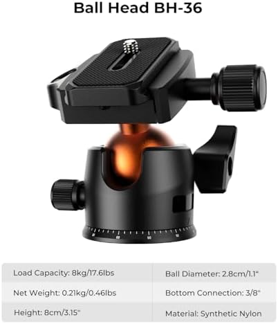 K&F CONCEPT 64 inch/163 cm Camera Tripod Lightweight Travel Outdoor DSLR Tripods with 360 Degree Ball Head Load Capacity 17 6 lbs/8 kg Cellphone Clip for Smartphone Live Streaming Vlog O234A1 BH 36