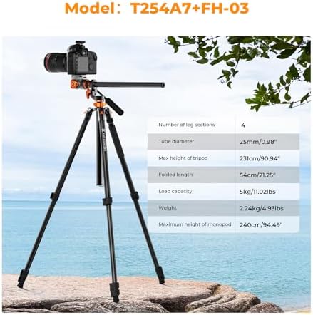 K&F CONCEPT 90/230cm Overhead Camera Tripod  Horizontal Shooting Video Tripods with Fluid Head Heavy Duty  Detachable Monopod  for Indoor and Outdoor Use T254A7 FH 03