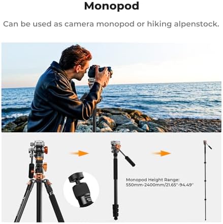 K&F CONCEPT 90/230cm Overhead Camera Tripod  Horizontal Shooting Video Tripods with Fluid Head Heavy Duty  Detachable Monopod  for Indoor and Outdoor Use T254A7 FH 03