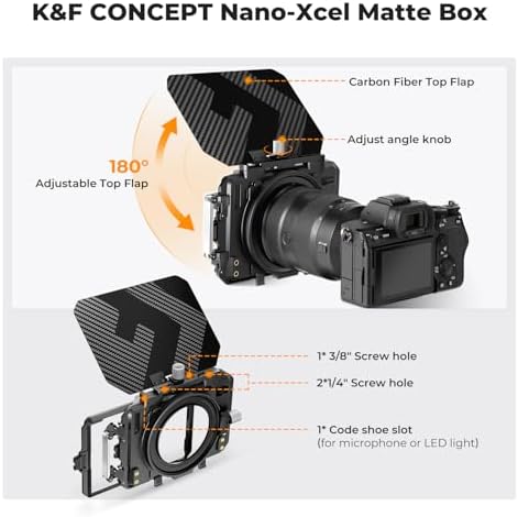K&F CONCEPT Matte Box  DSLR Camera Matte Box with Carbon Fiber Top Flag  with 67/72/77/82/95mm Adapter Rings for 4x5 65 ND UV Filter/Circular Filter
