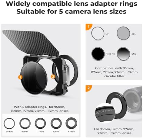 K&F CONCEPT Matte Box  DSLR Camera Matte Box with Carbon Fiber Top Flag  with 67/72/77/82/95mm Adapter Rings for 4x5 65 ND UV Filter/Circular Filter