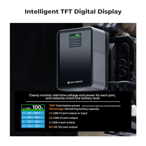 K&F CONCEPT V Mount Battery 99Wh with PD100W Fast Charging 14 8V 6700mAh Mini V Mount Battery with DC/D Tap/Dual USB C/USB A/TFT Display/240W Charging Cable for Camera Camcorder Video Light Monitor