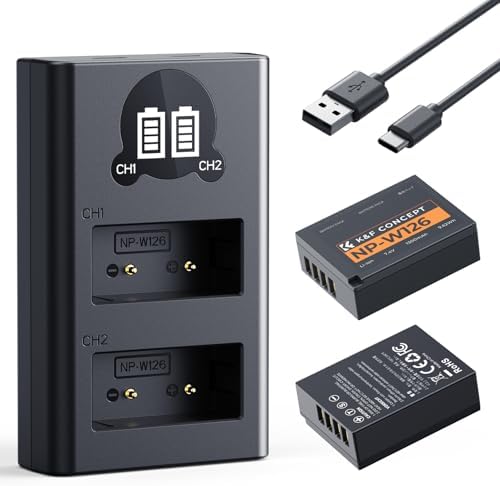 K&F Concept 1300mAh NP W126 NP W126S Battery and Charger for Fujifilm XM5  X100VI  X100V  XS10  XT30  XT30 II  XT20  XE4  A5  Dual Slot Fast Charger  Type C and Micro USB Input  2 Pack Battery
