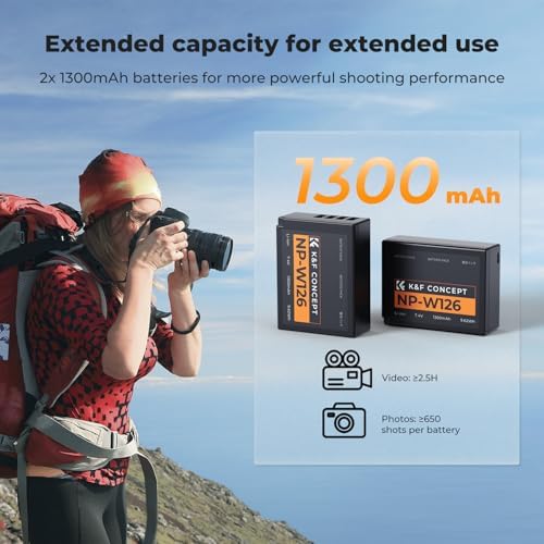 K&F Concept 1300mAh NP W126 NP W126S Battery and Charger for Fujifilm XM5  X100VI  X100V  XS10  XT30  XT30 II  XT20  XE4  A5  Dual Slot Fast Charger  Type C and Micro USB Input  2 Pack Battery