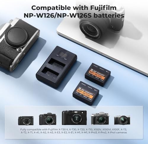 K&F Concept 1300mAh NP W126 NP W126S Battery and Charger for Fujifilm XM5  X100VI  X100V  XS10  XT30  XT30 II  XT20  XE4  A5  Dual Slot Fast Charger  Type C and Micro USB Input  2 Pack Battery