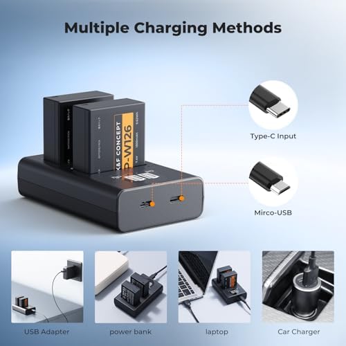 K&F Concept 1300mAh NP W126 NP W126S Battery and Charger for Fujifilm XM5  X100VI  X100V  XS10  XT30  XT30 II  XT20  XE4  A5  Dual Slot Fast Charger  Type C and Micro USB Input  2 Pack Battery