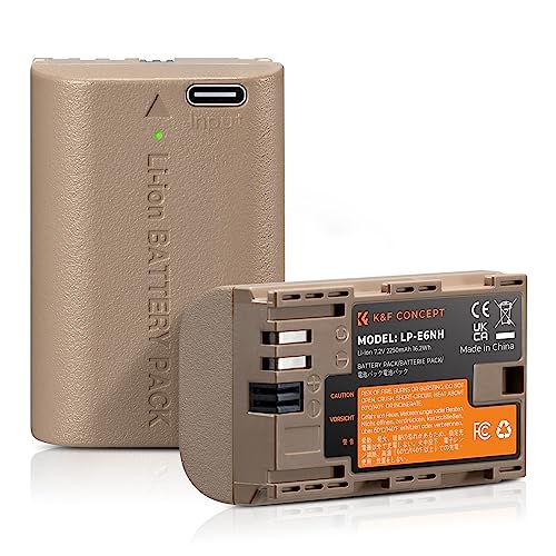 K&F Concept 2 Pack LP E6NH Battery with USB C 2H Fast Charging R7 Battery Compatible with Canon R7 R6 R5  5D 6D 7D Mark II III IV  90D 80D 70D  2250mAh