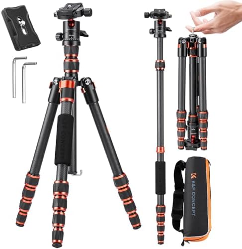 K&F Concept 60 inch Carbon Fiber Camera Tripod Super Lightweight Compact Travel Tripod with 360 Degree Ball Head Quick Release Plate Detachable Monopod 8KG Load Capacity for SLR DSLR C225C0  BA225 