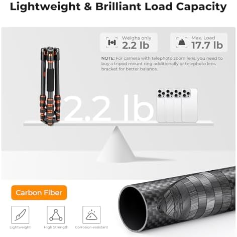 K&F Concept 60 inch Carbon Fiber Camera Tripod Super Lightweight Compact Travel Tripod with 360 Degree Ball Head Quick Release Plate Detachable Monopod 8KG Load Capacity for SLR DSLR C225C0  BA225 