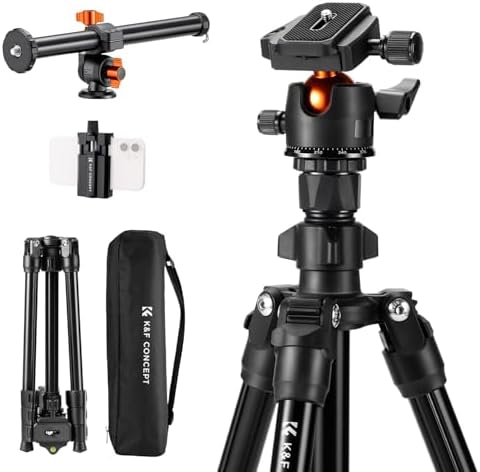 K&F Concept 76 inch Camera Tripod with Rotatable Multi Angle Center Column Lightweight Travel Outdoor DSLR Tripods with 360 Degree Ball Head Load Capacity 8kg/17 6lbs  Cellphone Clips for Smartphone