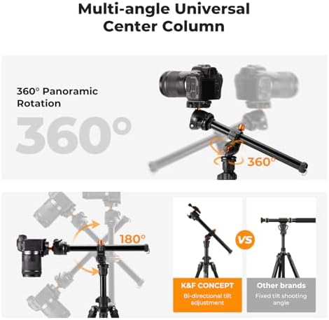 K&F Concept 76 inch Camera Tripod with Rotatable Multi Angle Center Column Lightweight Travel Outdoor DSLR Tripods with 360 Degree Ball Head Load Capacity 8kg/17 6lbs  Cellphone Clips for Smartphone